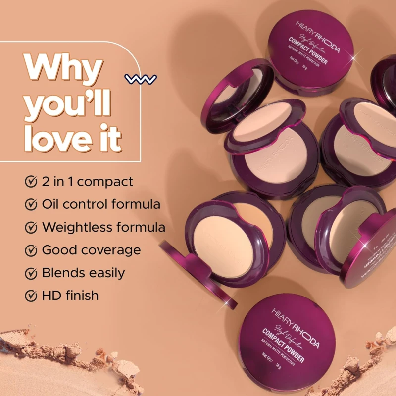 High-Definition Compact Powder: Flaunt your confidence with our HD High-Definition Compact Powder that assists in giving an HD-like finish to your makeup. Oil Control Formula: Hot and humid weather is the norm in India. Not to worry, our HD High-definition Compact Powder is crafted with a non-oily formula to fight off excess sweat and oil to complete your flawless look. 2 in 1 Compact Powder: Yes, that’s right! We have two types of finishes to create infinite flawless looks. The matte finish creates a subtle look whereas the shimmer finish gives off a natural glow. Crafted for Indian Skin: Don't you hate it when your compact makes you look like a ghost? Our shades are designed keeping the Indian skin tone in mind so that your final look feels natural. Good Coverage: Our HD Compact Powder is designed to provide good coverage to create a natural glow for all your makeup looks. Light-Diffusing Technology: Our formula uses light alteration to redirect and reduce reflected light which obliterates fine lines, sun spots, pores and skin blemishes. - Thumbnail 3